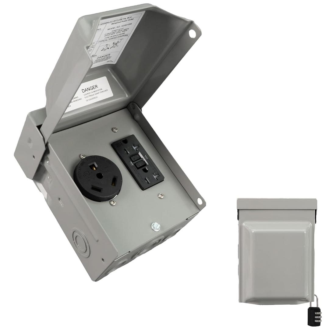 30 Amp NEMA TT-30R & 20 Amp WRTR GFCI Power Outlet Box 125 Volt, Heavy Duty Lockable Weatherproof Electrical Panel, Outdoor Receptacle for EV Generator Camper Motorhome, ETL Listed, HDS2-006