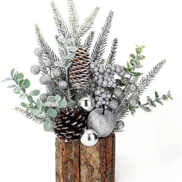 Small Christmas Tree Tabletop, Christmas Ball Pine Needle Pine Nut Decor Artificial Christmas Ornaments Decoration Xmas Decor for Home Indoor (Silver, 9.84 * 3.54 inches)