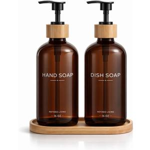 Hand and Dish Soap Dispenser Set,16oz Glass Bottles with Bamboo Pumps & Tray,Countertop Soap Dispensers for Kitchen,Luxury, Minimalist & Farmhouse Decor
