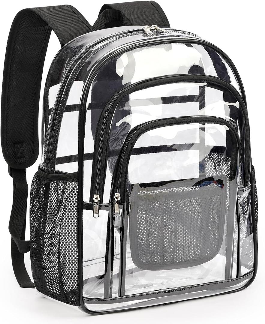 ZORFIN Clear Backpack Heavy Duty for School & Work – 18in Transparent PVC Bag with Large Capacity & Reinforced Straps – See Through Bookbag for Men, Women, Boys & Girls, Workplace Security Black