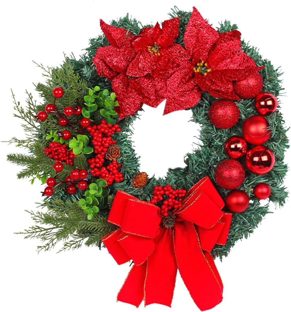 Artificial Christmas Wreath for Front Door, Christmas Door Decorations Wreaths, with Christmas Balls, Bow, Xmas Wreaths Decor Outdoor Christmas Wreaths (Red)