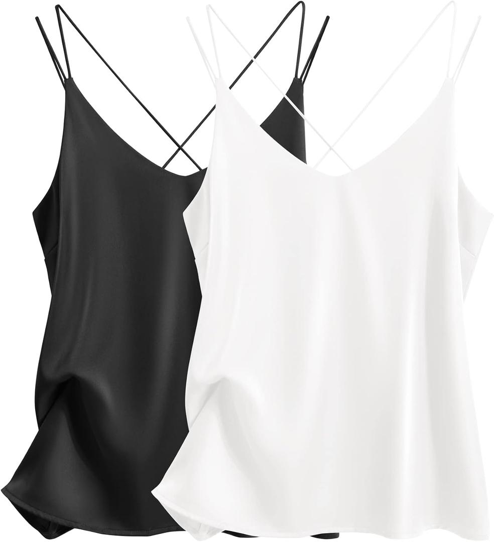 Ekouaer Womens 2-Pack Silk Satin Camisole Tank Top V Neck Sexy Cross Back Spaghetti Strap Cami Sleeveless Lounge Tops S-XXL (XXL)