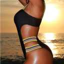 WDIRARA Women's Striped Tape One Piece Swimsuit Tummy Control Bathing Suit Cut Out Swimwear (L)