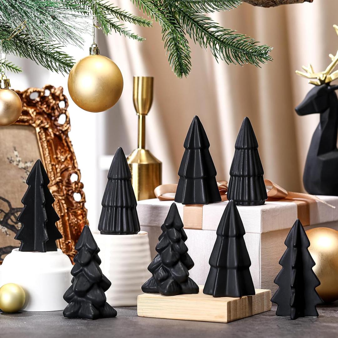 Nuenen 8 Pcs Ceramic Christmas Tree Porcelain Christmas Tree Winter Xmas Trees Mini Stoneware Trees for Mantle Table Shelf Living Room Bedroom Cabinets Office Desktop (Classic,Black)