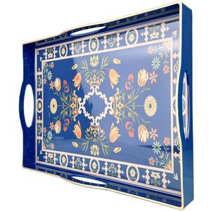 Boho Blue Decorative Tray, Serving Tray with 4 Handles, Plastic Tray for Coffee Table, Ottoman - Ideal for Living Room & Bathroom. 15 x 11 x 1.9