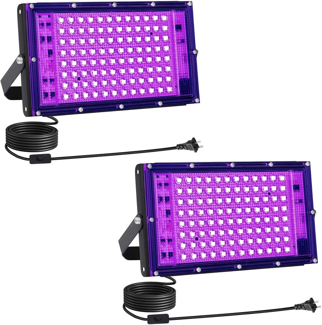 Black Light, 100W Outdoor Blacklight with Plug, 2 Pack Durable Black Lights for Glow Party, Dance, Halloween Decor, Body Painting and Stage Lighting