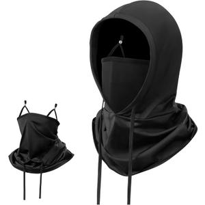 3 in 1 Multifunctional Full Face Cover Ski Mask Balaclava Unisex Hood Drawstring Cap Neck Gaiter for Outdoor Sports (Black)