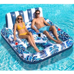 Sinbyuer 2 Person Inflatable Pool Floats Adult, 66x62 Inch Pool Lounger Float with Cup Holders & Backrest, 0.4mm Thickened Pools Float Recliner Rafts, Floating Chair Water Floaties for Adults
