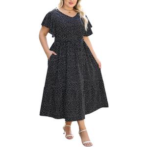 Celkuser Womens Plus Size Short Sleeve V Neck Summer Boho Casual A-Line Floral Midi Dress with Pockets, 4XL
