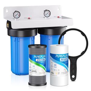 PUREPLUS 2-Stage Whole House Water Filtration System, 10"x4.5" Universal Home Filtration, with Sediment, Carbon Block Filter, Reduce Chlorine, Taste, Odor, Includes Pressure Gauges, 1" Inlet/Outlet (Blue)