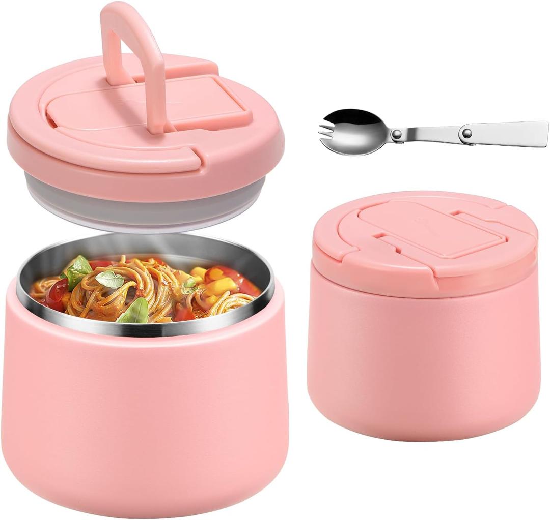 14oz Insulated Vacuum Food Jar with Buckle Lid,Soup Thermo for Hot Food Kids,Wide Mouth Leakproof Stainless Steel Lunch Container with Spoon-Pink