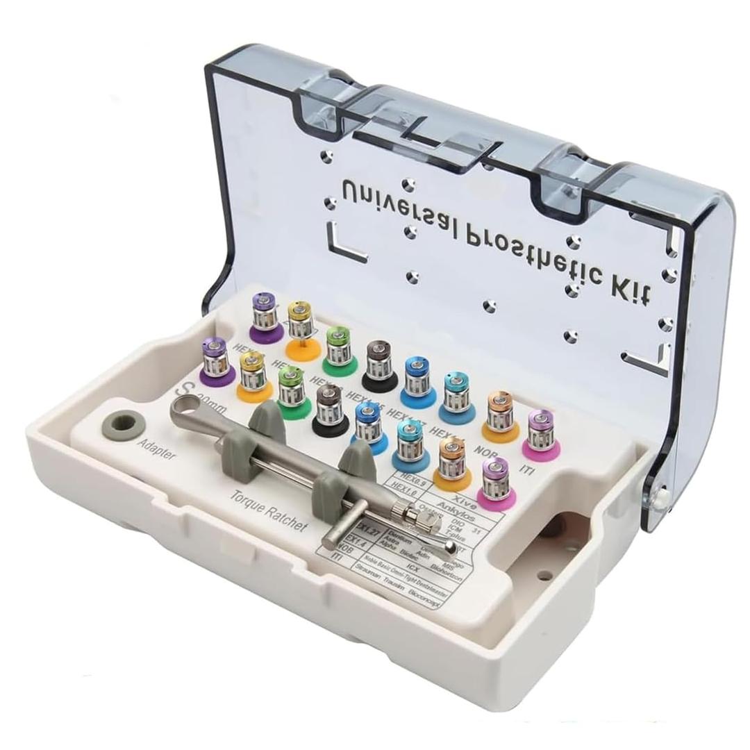 Dental Implant Torque Wrench Kit with Adjustable Torque Ratchet 10-70Ncm Autoclavable High Precision Implant Driver Kit for Dentists Pack of 16 Pcs (Square color)