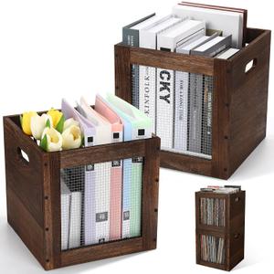 2 Pack Stackable Wood Storage Bins with Metal Wire and Handles 11 x 11 x 11 Inch, 22l Cube Vinyl Record Holder Wooden Storage Crate Basket for Shelve Fruit Vegetable Pantry Toy(Walnut)
