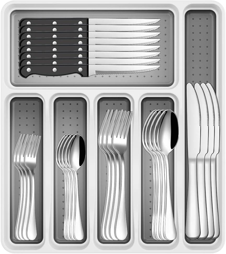 49-Piece Black Silverware Set with Drawer Organizer, Stainless Steel Cutlery for 8 with Matte Steak Knives, Forks, Spoons - Dishwasher Safe (49PCS Black with Organizer)