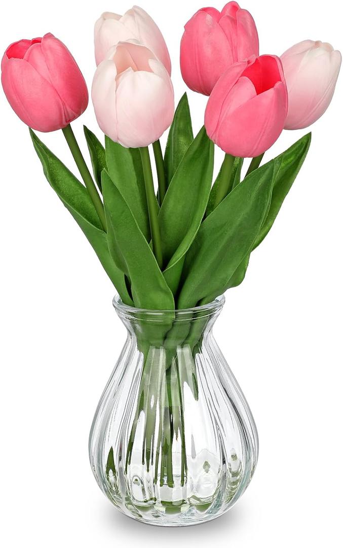 Artificial Tulips Flowers Floral Arrangement - 6 Pcs Faux Flowers in Clear Glass Vase with Faux Water 12.5" Pink & White Ombre Fake Tulip Bouquet Centerpiece for Dining Table Home Wedding Office Decor
