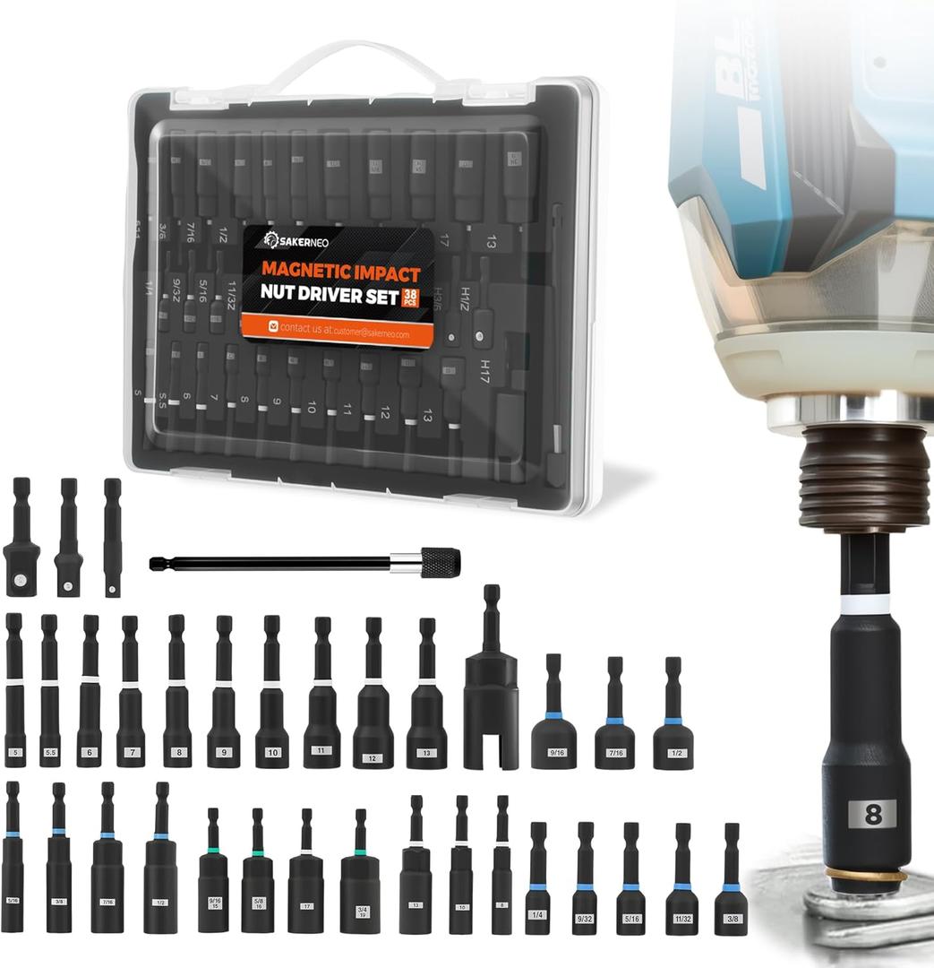 Saker Magnetic Nut Driver Set - Impact-Grade Sockets, Deep Well Sockets, Spark Plug Removal, Hex Adapters & Steel Storage Case for Mechanics (34PCS)