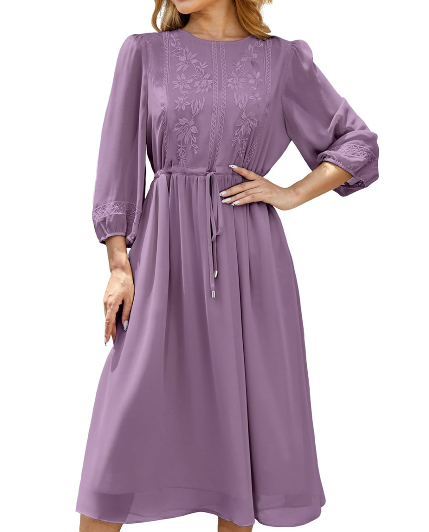 Women's Casual 3/4 Sleeve Fall Floral-Embroidered Long Dress Crew Neck Flowy Swing Dress with Pockets L