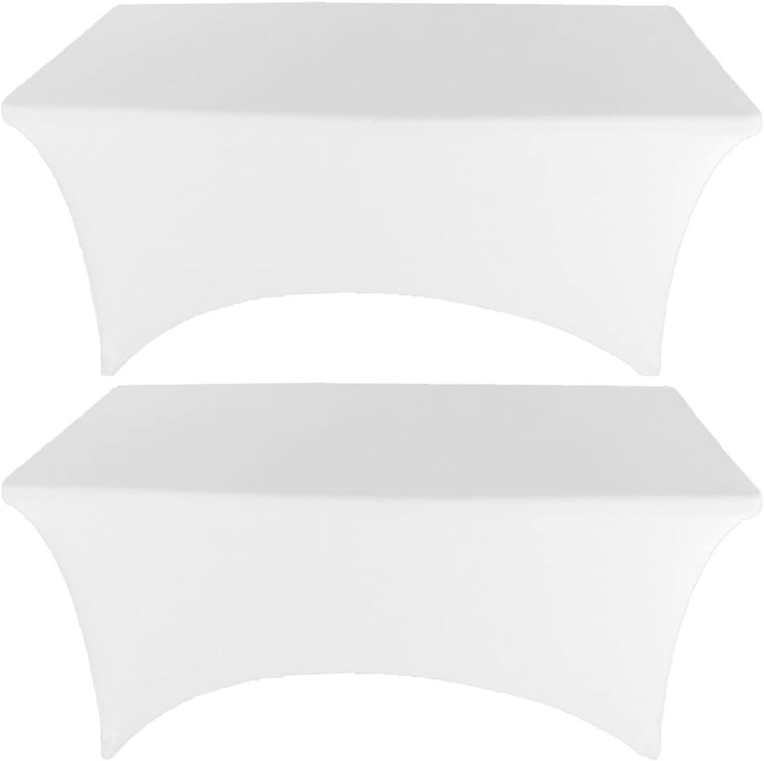 2 Pack 6FT White Spandex Tablecloth Stretch Fitted Table Cover for Rectangular Table Event, Wedding, Banquet and Parties