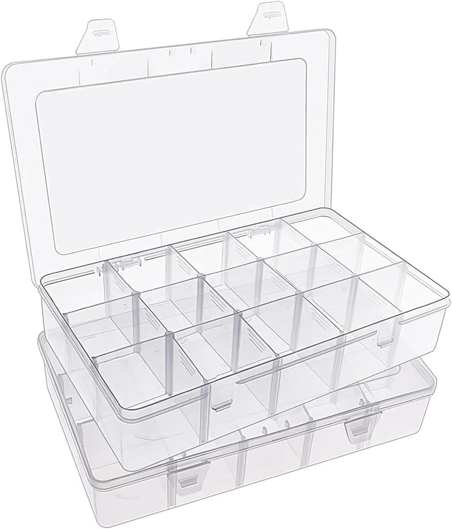 SGHUO 2 Pack 15 Girds Bead Organizer, Large Clear Plastic Organizer Box with Adjustable Dividers for Beads, Art DIY, Crafts, Jewelry, Fishing Tackle with Label Stickers