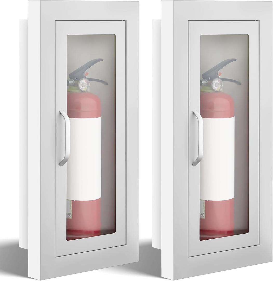 Zonon 2 Pcs Semi Recessed Fire Extinguisher Cabinet Box Steel Recessed Wall Cabinet, Magnetic Door with Handle, Acrylic Window, 2.5 Inch Trim, for 2.5/5/10 lb Dry Chemical Fire Extinguisher (White)