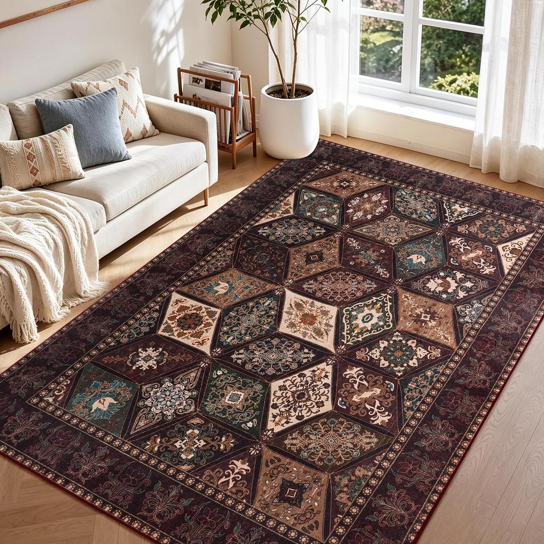 Moroccan Boho Floral Geometric Patchwork Washable 8x10 Large Rug
Vintage Distressed Non Slip Throw Carpet for Bedroom Livingroom Kitchen Hallway Entryway Office Dining Room Docer, Brown