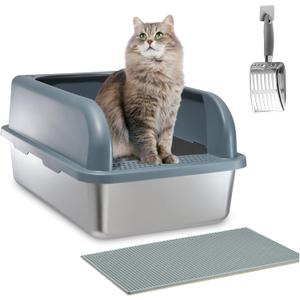 Enclosed Stainless Steel Cat Litter Box, XXL Extra Large for Big Cats, High Sided, Easy Cleaning, Includes Litter Scoop and Cat Mat