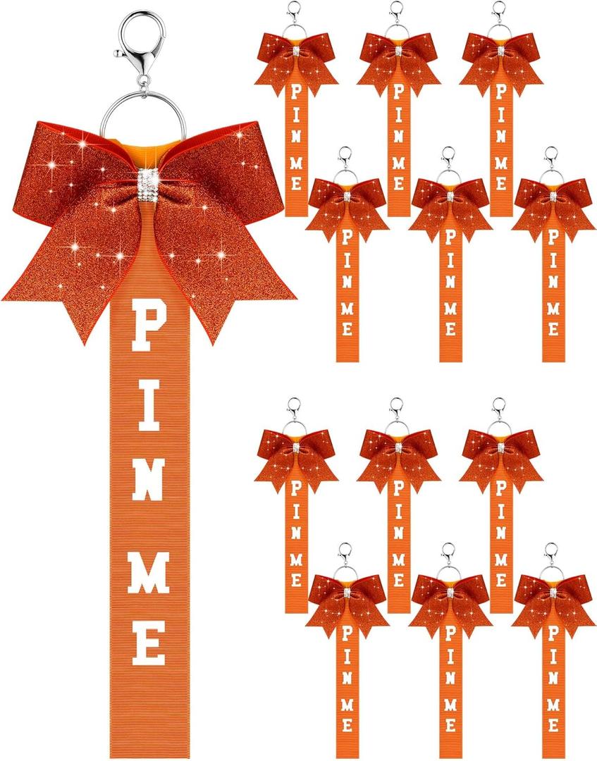 Landical Cheer Pin Me Ribbon Cheerleader Ribbon Keychain with Rhinestones Bow for Cheerleader Bag Backpack (Orange)