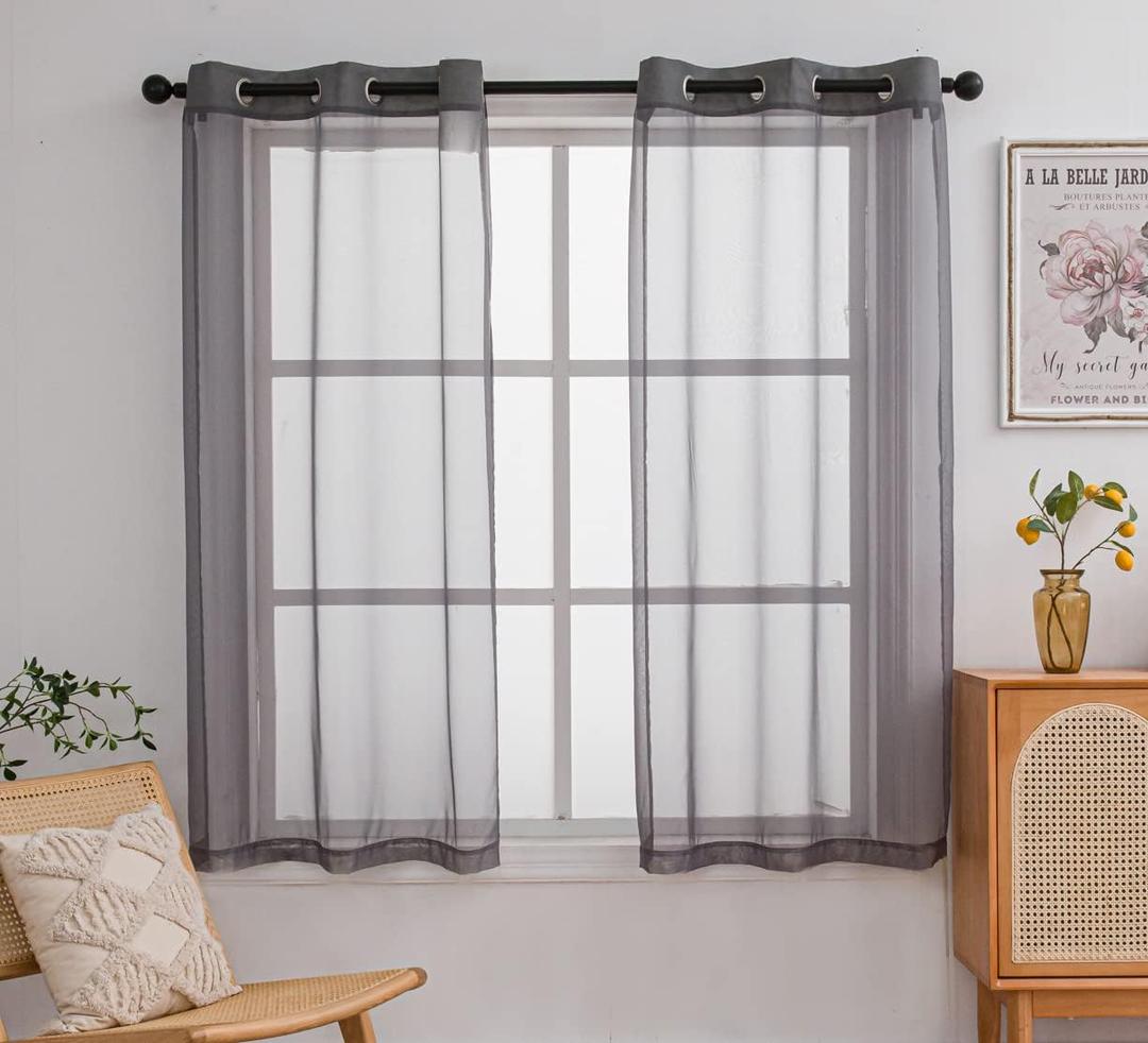 PI Sheer Curtains 63 Inches Length, Short Grommet Light Filter Sheer Panels for Kitchen/Dining Room 2 Pack (W52 X L63, Dark Grey)