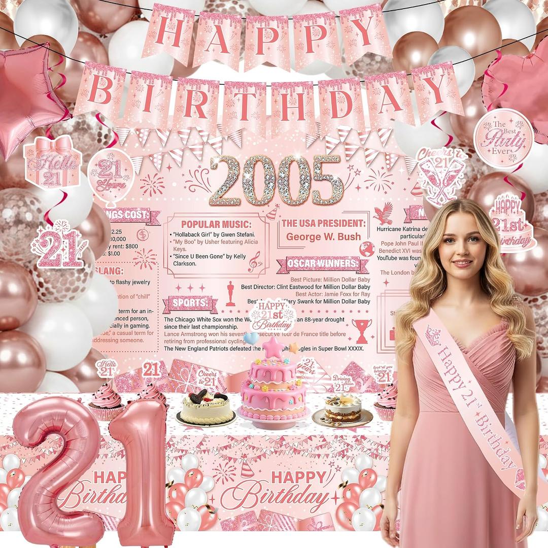 Pink 21th Birthday Decorations - 103 Pcs Happy 21 Year Old Birthday Decorations for Girls Women Balloons Garland Arch Kit Banner Backdrop Hanging Swirls Tablecloth Cake Cupcake Toppers Sash
