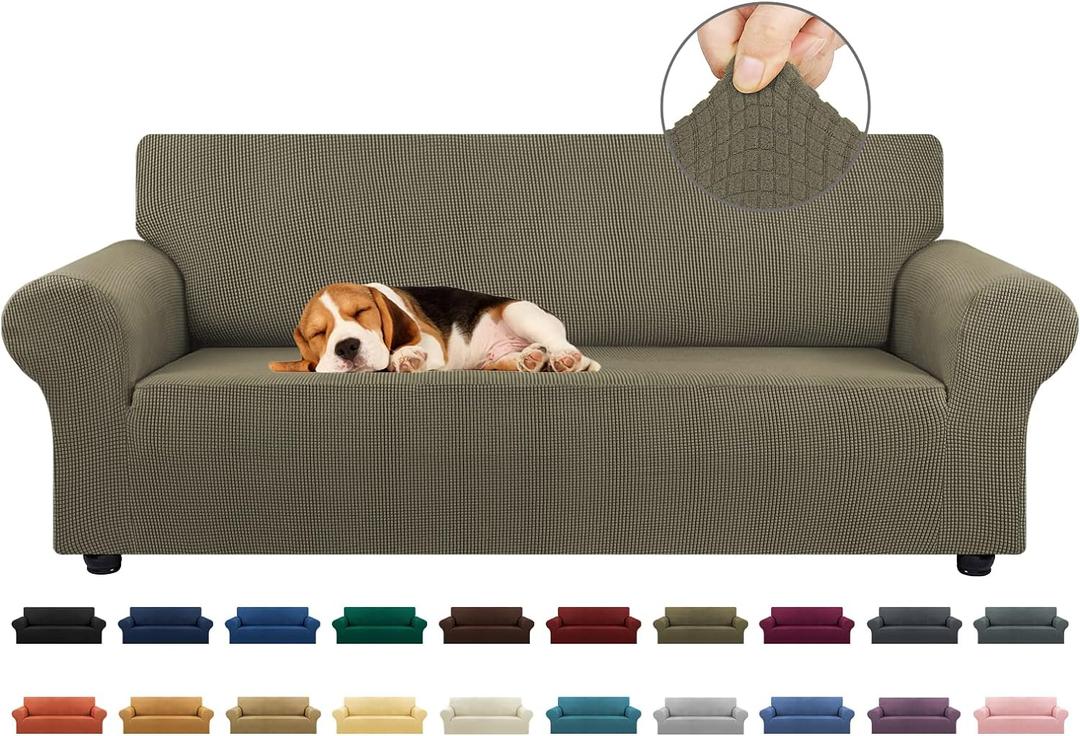 KEKUOU Stretch Sofa Cover Slipcover Couch Covers for 3 Cushion Couch Sofa pet Friendly (78"-94") Furniture Protector Sofa with Elastic Bottom for Kids, Dog, Jacquard Small Checked(Large, Khaki)