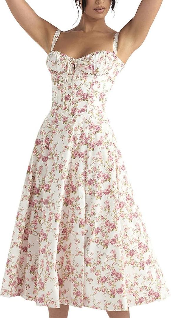 Women Floral Corset Dress, Boho Summer Spaghetti Straps Square Neck Casual Midi Dress Flowy Slit Bustier Dresses (X-Large, White+pink Floral)