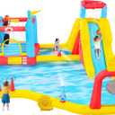 Inflatable Water Slides Park with Blower, Bouncy Castle with Climbing Wall, Dual Water Cannons, Dual Basketball Hoops, Dartboard, Ring Toss, Deep Pool