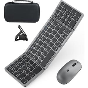 Foldable Keyboard and Mouse for Laptop, Travel Bluetooth Folding Keyboard Mouse with Portable Case, Rechargeable Keyboard for Business, 2.4G Wireless & Bluetooth, for iPad Tablets Laptop iOS Android (Space Grey)