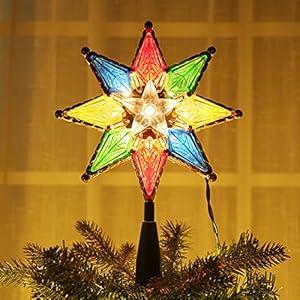 Brizled Christmas Star Tree Topper, 8" Lighted Double-Sided Christmas Tree Topper, 8-Point Multi Color Xmas Tree Topper with 10 Warm Lights, 120V UL Certified Tree Star for Christmas Tree Party Home