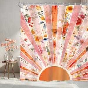2 x Newsely Boho Sun 70s Shower Curtain 60Wx72L Inch Retro Abstract Colorful Rainbow Sunrise Sunset Floral Cute Vintage Bathroom Set Modern Groovy Waterproof Bath Decoration Accessories Home Decor