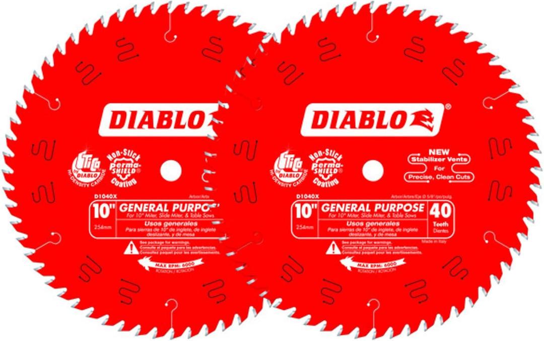 Diablo General Purpose Circular Saw Blade - 10" x 40-Tooth for Clean Cuts, TiCo Carbide & Perma-SHIELD Coating, Thin Kerf for Precision, 2 Blade Value Pack - D104040VP