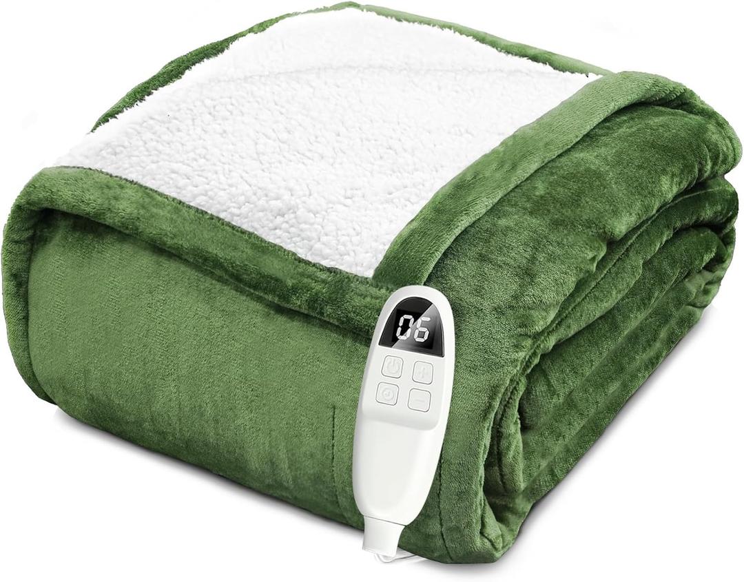Heated Blanket Electric Blanket Full Size Fuzzy Fleece, 72" x 84" Soft Fluffy Fast Heating Blanket 8 Heating Levels & 10 Hours Auto Off with ETL & FCC Certification, Green