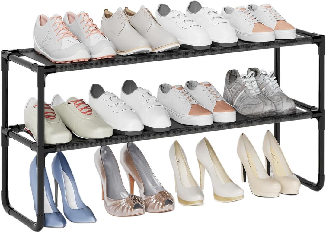 Long Shoe Rack, 2-Tier Stackable Shoe Organizer for Closet, Entryway, Hallway, Extra Bottom Layer, Holds 12-15 Pairs, Sturdy & Durable Waterproof Fabric Shelf, Space-Saving,Black