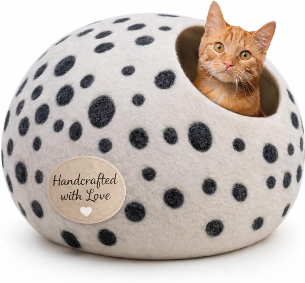 Luxurious Merino Wool Cat Cave - Foldable Hideaway Pod for Indoor Cats - Premium Felt Kitten Pet Enclosure - Covered Cat House for Ultimate Cozy Comfort by Woolygon (White Polka)