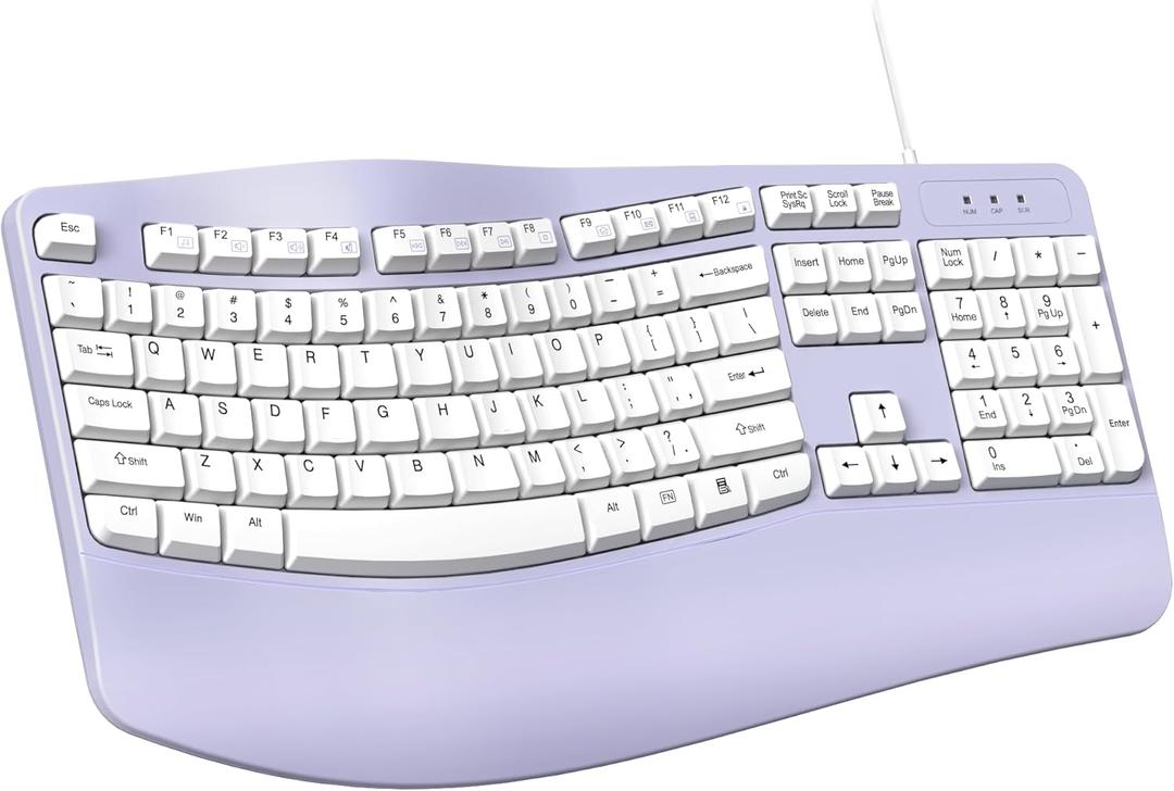 RECCAZR Ergonomic Keyboard Wired with Wrist Rest, Wave Keyboard for Natural Typing,Spill-Resistant Compatible with Windows/PC/Laptop (Purple)
