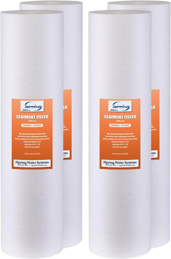 iSpring FP25BX4 High Capacity 20” x 4.5” Water Replacement Cartridge Fine Sediment Filter, 4 pieces / 5 microns, White, 4 Count iSpring FP25BX4 High Capacity 20” x 4.5” Water Replacement Cartridge Fine Sediment Filter, 4 pieces / 5 microns, White, 4 Count