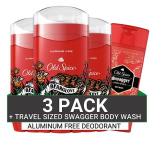 Old Spice Aluminum Free Deodorant for Men, 24/7 Odor Protection, 24/7 Freshness & Lasting Scent, Bearglove Scent, 3.0 oz with Travel Size Swagger Body Wash (Pack of 4)