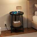 Round Industrial Side Table with Charging Station,2-Tier Round End Table with USB Port & Power Outlet, Nightstand with Metal Frame for Small Spaces, Living Room, Bedroom, Black, 15.75"D x 11.75"W x 23.03"H