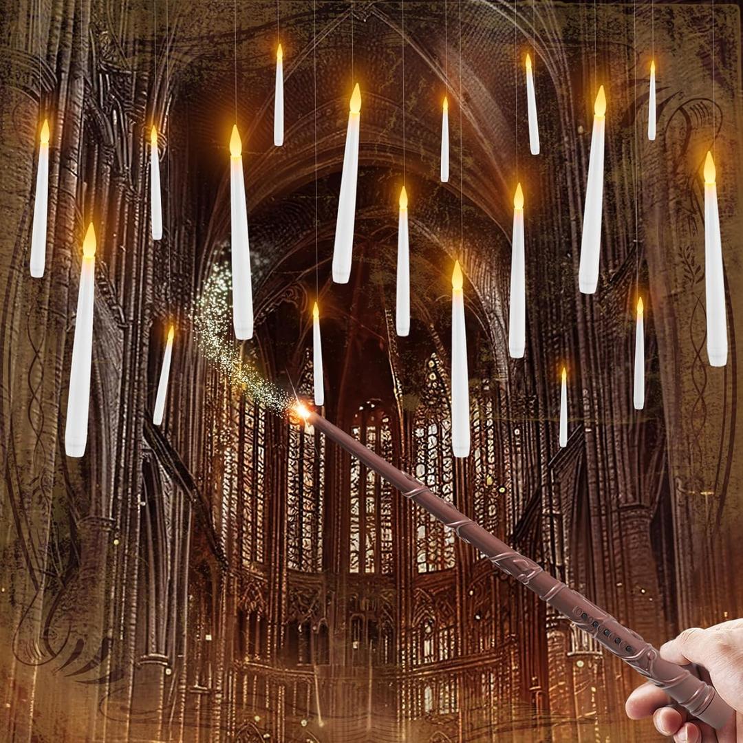Raycare 20 Pcs Floating Candles with Wand, Hanging Candle with Timer, Magic Deco Candles Flickering Warm Light, Flameless Taper Candle with Remote, LED Candlesticks for Birthday Halloween Party Decor