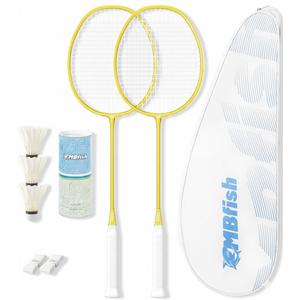 MBFISH Badminton Racket Set with 1 Carbon Fiber Racquet, 3 Shuttlecocks, 2 Replacement Grip Tapes and 1 Badminton Bag - Perfect for Outdoor Games and Gym 5U Yellow&White