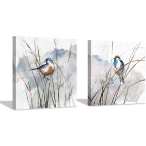 Bird Wall Art, Blue Watercolor Canvas Picture with Reeds, Set of 2 16"x16", 16" x 16" x 2panels