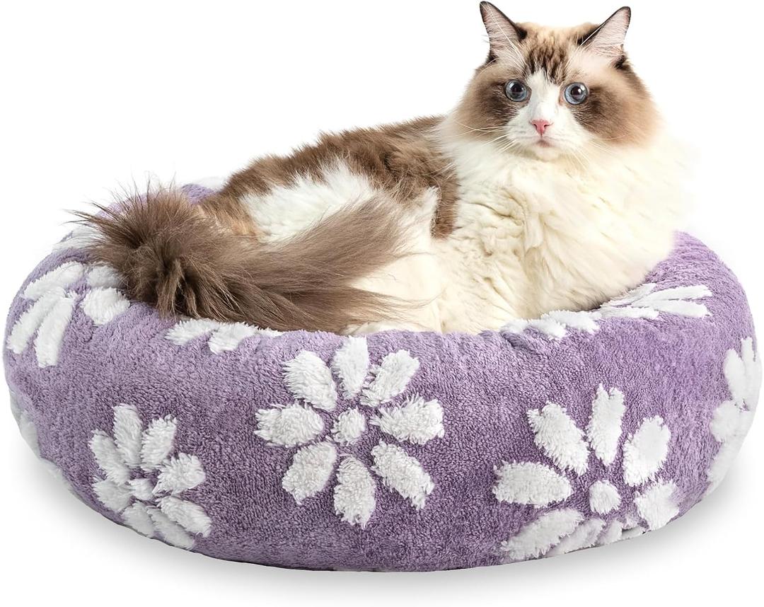 Donut Dog Beds for Small Dogs, Calming Round Cat Beds for Indoor Cats, Cute 3D Textured Flower Pet Bed with Removable Washable Cover and Anti-Slip BottomPurple20" (20"x20"x6")
