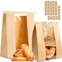 PAICUIKE 100 Pack Large Kraft Paper Bread Bags for Homemade Bread Sourdough Bags 13.7" x 8.2" x 3.5" with Tin Tie Tab Lock Clear Front Window Bakery Bag Packaging Cookie Bag with Label Seal Stickers