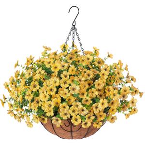 HyeFlora Artificial Fake Fall Hanging Mums Plants Flowers Basket for Outdoor, Autumn Faux Silk Yellow Daisy in Hang Planter Look Real UV Resistant for Porch Home Patio Balcony Yard Decor