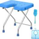 U-Shaped Folding Shower Chair, 17.3"Stainless Steel Shower Stool for Inside Bathtub, 450lbs Non-Slip Portable Travel Foldable Bath Seat for Elderly, Seniors, Disabled, Tool-free Assembly, Blue